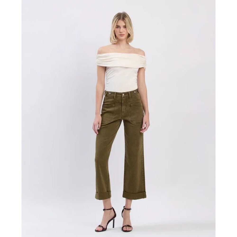 Flying Monkey Tab Waistband Cuffed Slim Wide Leg Jeans Womens 30 Olive Green